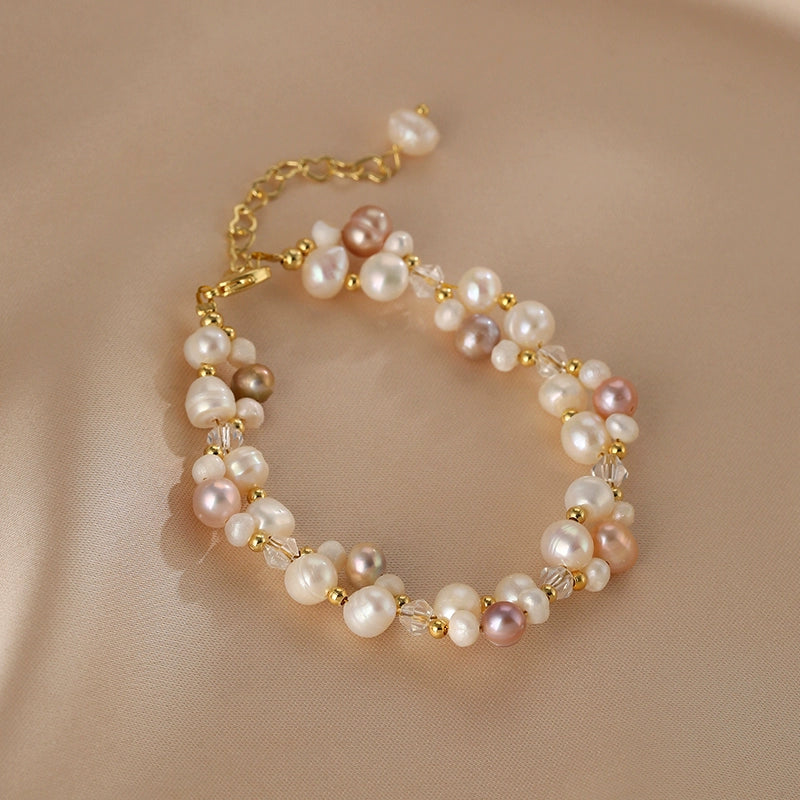 Double Layer Woven Natural Pearl Necklace Bracelet Set Ladies French Beaded Design Crystal Jewelry