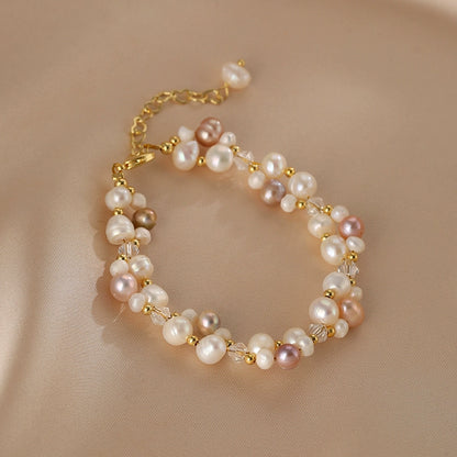 Double Layer Woven Natural Pearl Necklace Bracelet Set Ladies French Beaded Design Crystal Jewelry