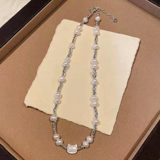 Natural Pearl Necklace Women's Delicate Fritillary Kitten Beaded Design