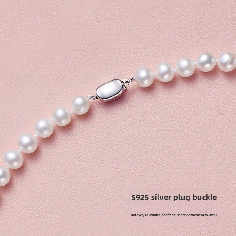 Pearl necklace women's natural freshwater real pearl string chain wind is round and strong light