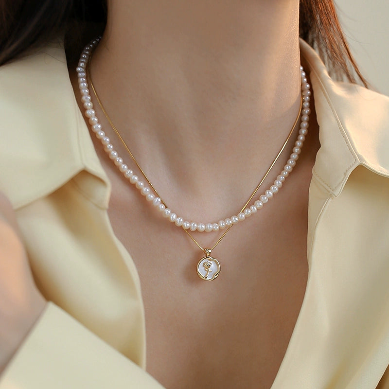 Double stacked natural freshwater pearl necklace female niche design rose pendant neck chain light luxury collarbone chain