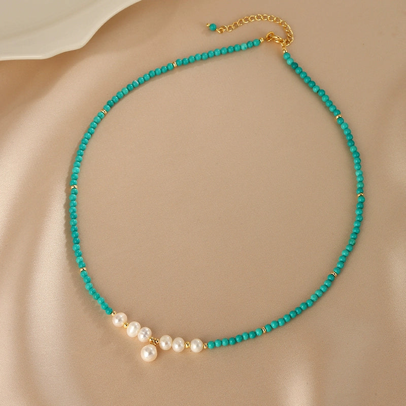 New Chinese Turquoise Necklace Women's French Design Natural Pearl Pendant