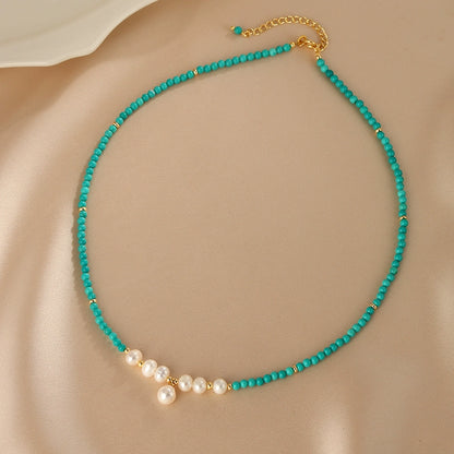 New Chinese Turquoise Necklace Women's French Design Natural Pearl Pendant
