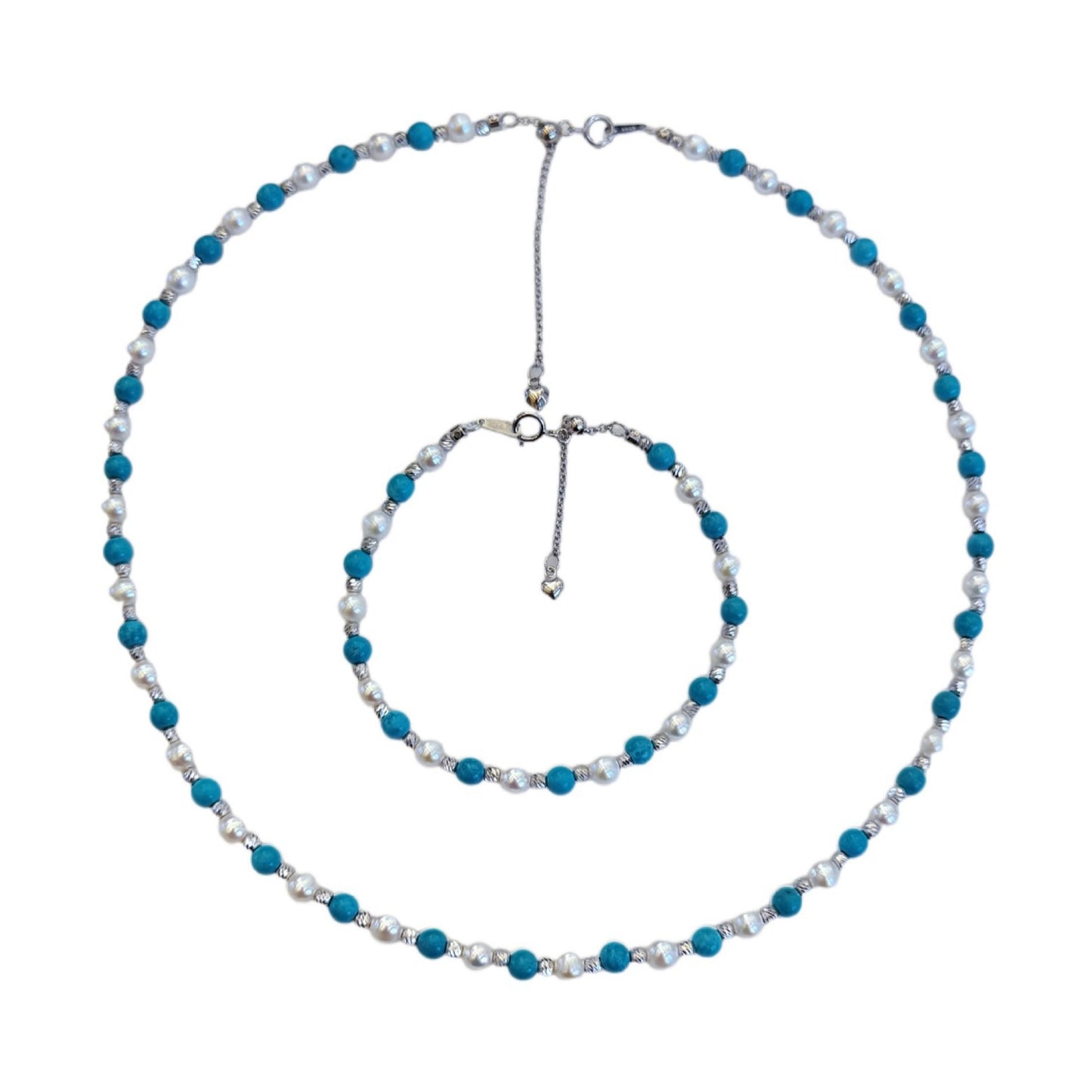 Summer Coolness Natural Freshwater 4-5mmAK Pearl Retro Turquoise Bracelet Necklace Sterling Silver Set