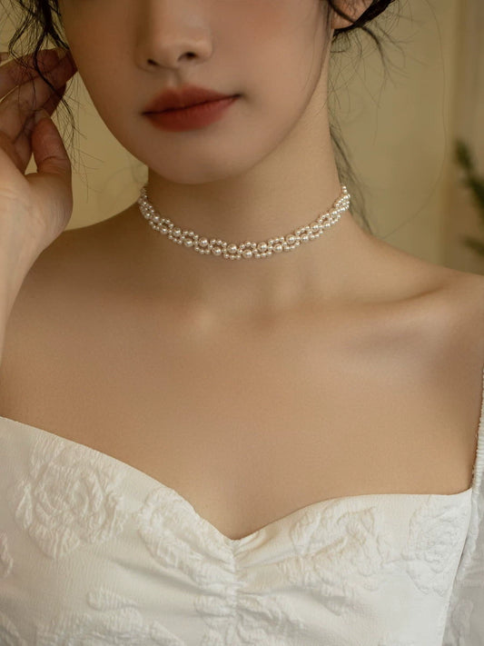 Handwoven Pearl Necklace Chain Choker Girls