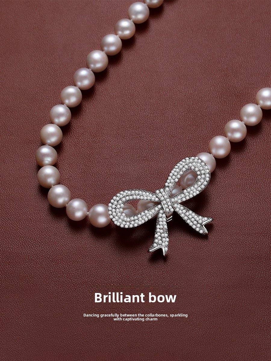 Pearl ladies model is round strong light natural freshwater real pearl choker big bow string necklace