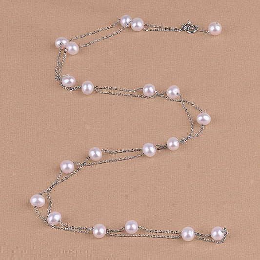 Natural Freshwater Pearl Necklace Round Bead Gypsy 925 Sterling Silver Long Fashion Sweater Chain XL099
