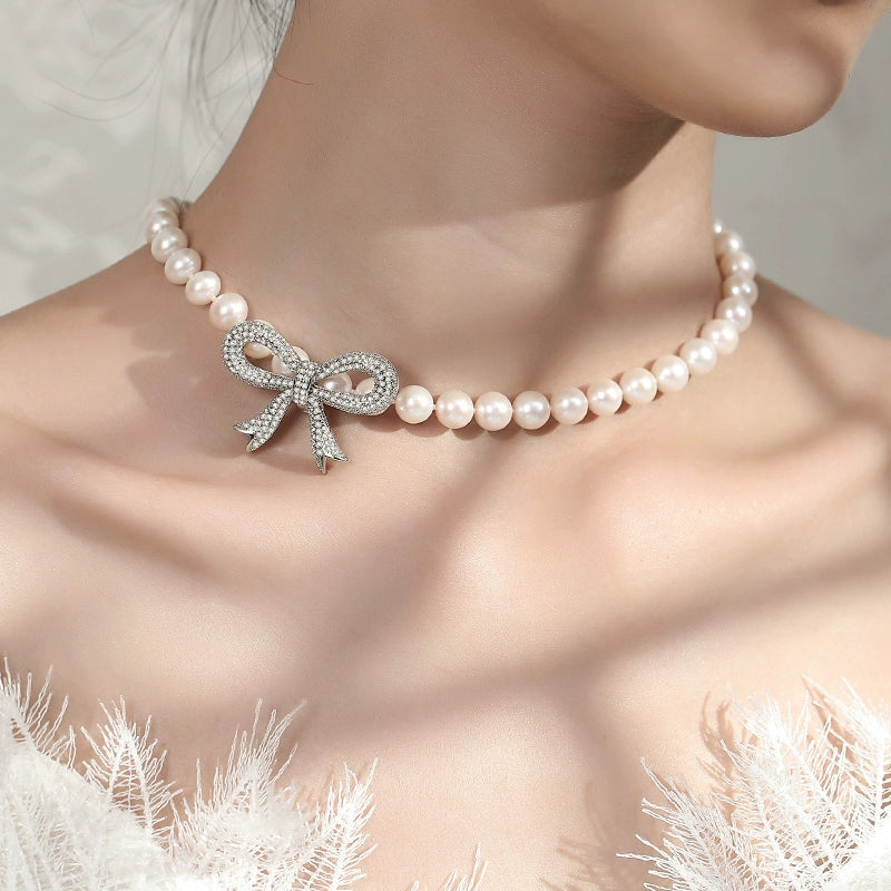 Pearl ladies model is round strong light natural freshwater real pearl choker big bow string necklace