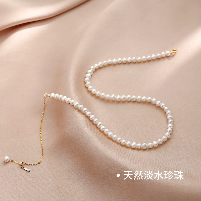 Natural Pearl Necklace Women's Adjustable American 14K Gold Retro Choker Young Stackable
