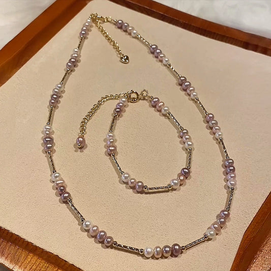 Natural Pearl Necklace Bracelet Set Delicate Pink Pearl Splicing Premium Bracelet