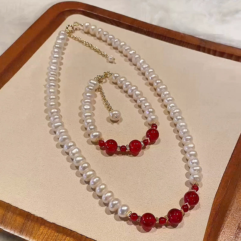 Mr. He Natural Pearl Necklace Bracelet Set Women's New Chinese Agate Splicing Jewelry