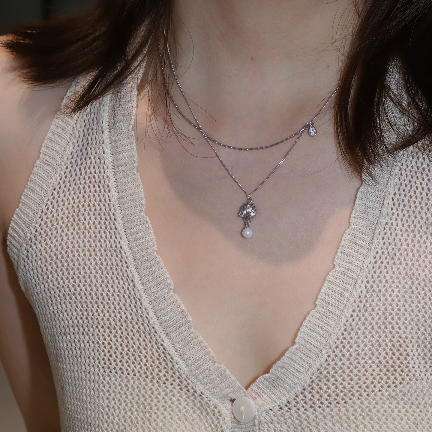 S925 Sterling Silver Shell Pearl Double Necklace Ladies Exquisite Silver Jewelry