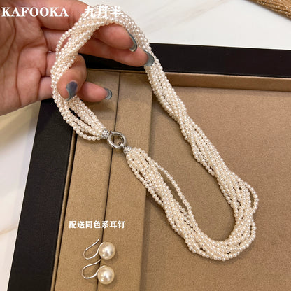 Twist Multi-layer Wrap  3mm Small Rice Pearl Necklace Ladies Princess Chain French Clavicle New