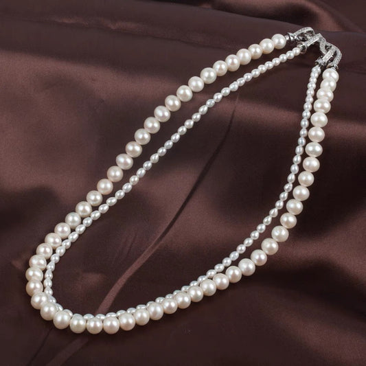 Natural freshwater strong light nearly round rice beads double-layer pearl necklace multi-stacked wear autumn and winter long sweater chain