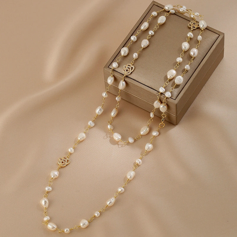 French natural baroque pearl necklace, women's rose long sweater chain, one wear more