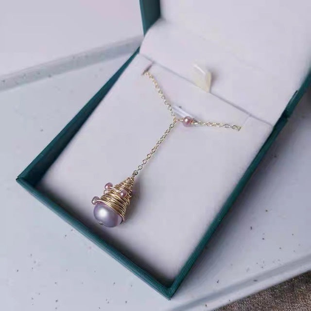 Pyramid Necklace Natural Pearl Ladies New Purple Sweater Chain
