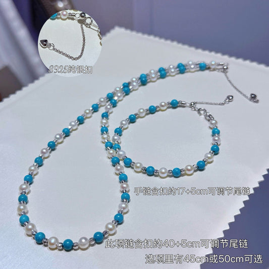 Summer Coolness Natural Freshwater 4-5mmAK Pearl Retro Turquoise Bracelet Necklace Sterling Silver Set