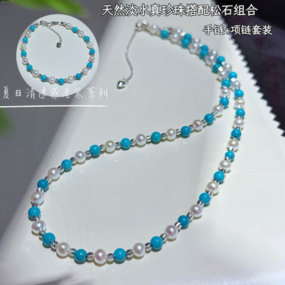 Summer Coolness Natural Freshwater 4-5mmAK Pearl Retro Turquoise Bracelet Necklace Sterling Silver Set