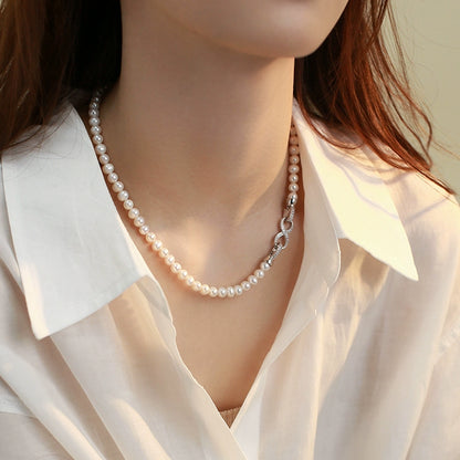 Natural freshwater pearl necklace women's 8-character buckle light luxury high-end sweater chain new popular temperament neck chain