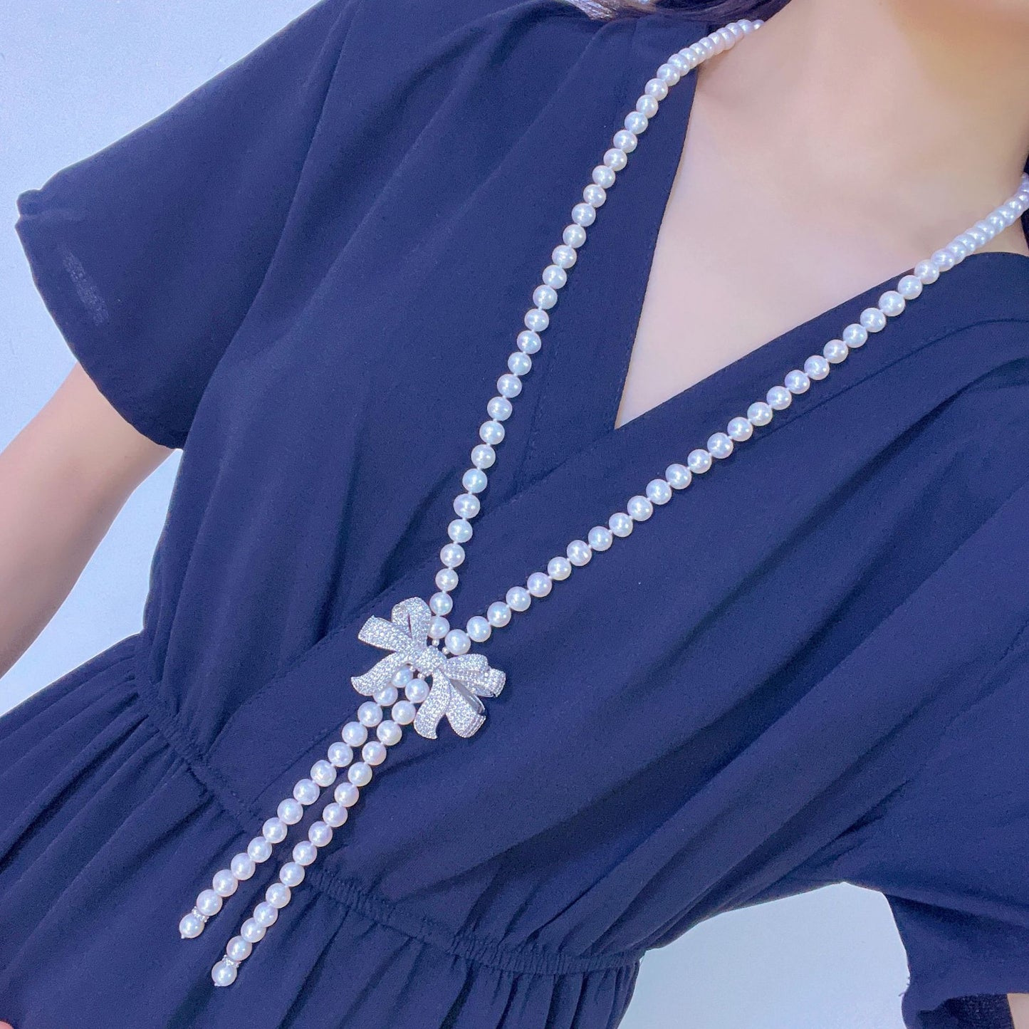 micro-inlaid stone necklace bow freshwater pearl sweater chain long necklace