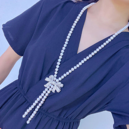 micro-inlaid stone necklace bow freshwater pearl sweater chain long necklace
