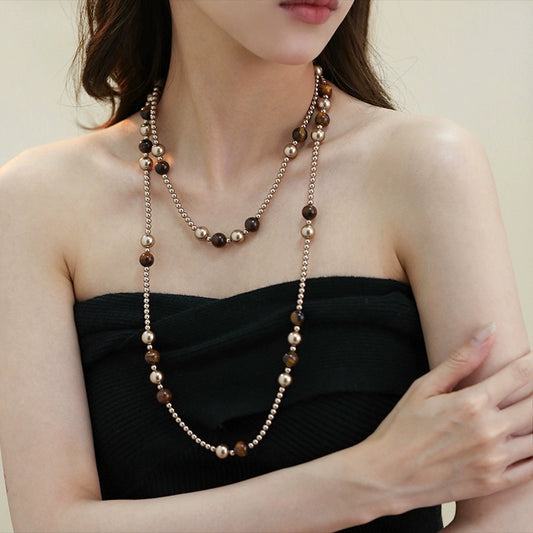 Pearl Necklace Ladies Autumn and Winter New Merad Tiger's Eye Beaded Long Sweater Chain