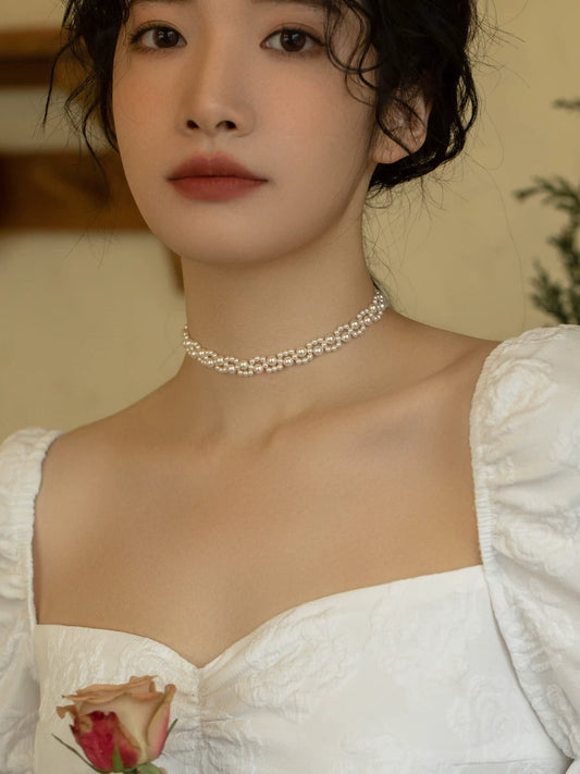 Handwoven Pearl Necklace Chain Choker Girls
