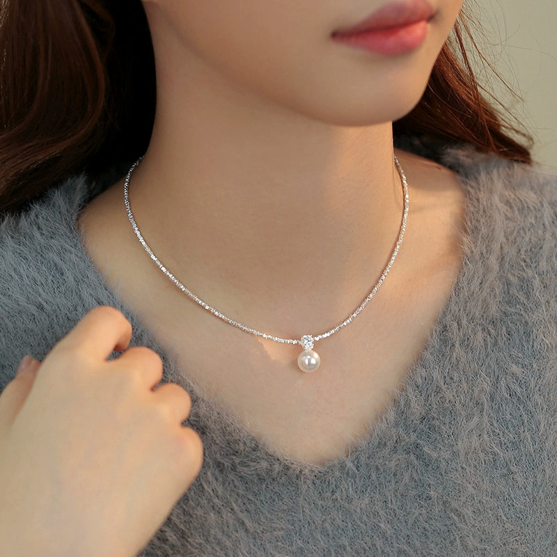 S925 Silver  Zhengyuan Single Pearl Pendant Necklace Ladies Exquisite Flash Diamond
