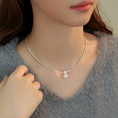 S925 Silver  Zhengyuan Single Pearl Pendant Necklace Ladies Exquisite Flash Diamond