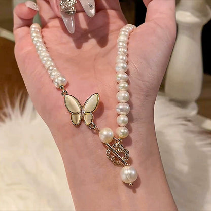 OT Buckle Natural Pearl Necklace Ladies Butterfly Pendant Design