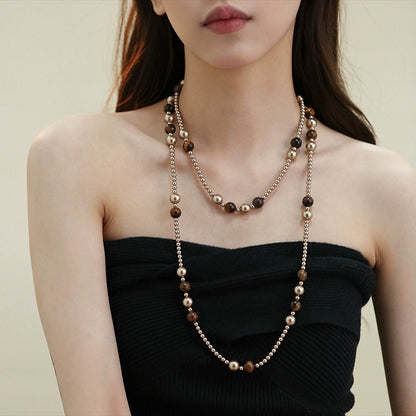 Pearl Necklace Ladies Autumn and Winter New Merad Tiger's Eye Beaded Long Sweater Chain