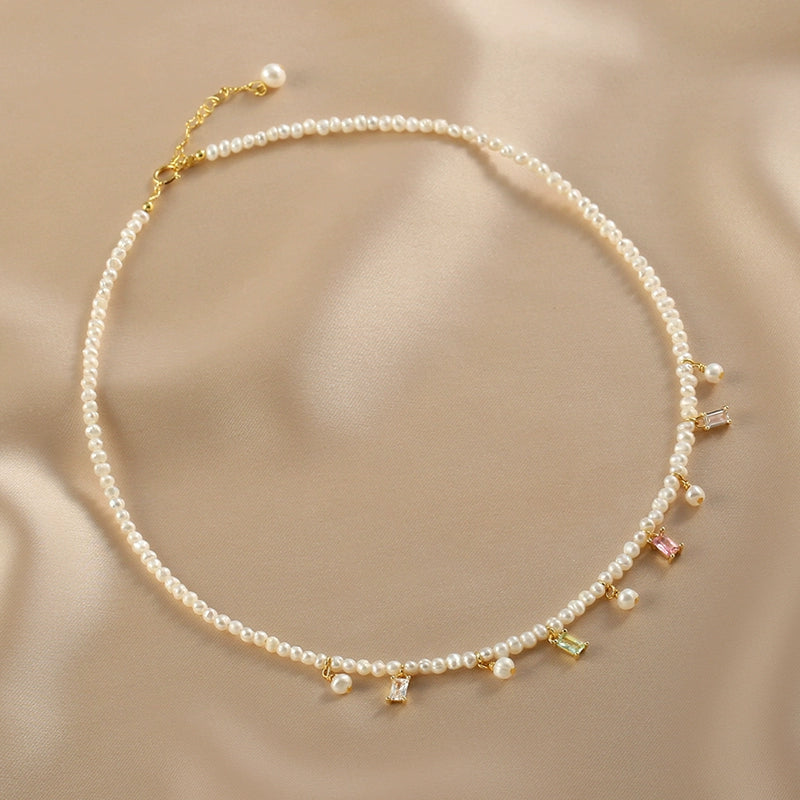 Niche sweet natural pearl necklace female design sense fresh summer fringed small pearl colored crystal collarbone chain
