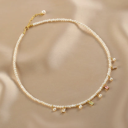 Niche sweet natural pearl necklace female design sense fresh summer fringed small pearl colored crystal collarbone chain