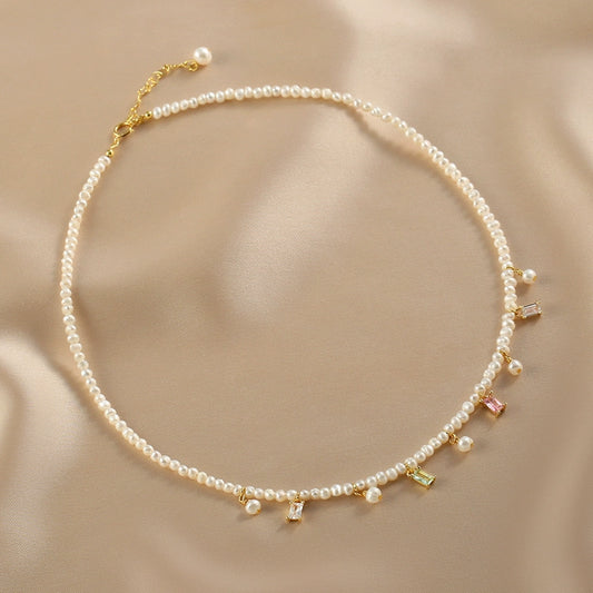 Niche sweet natural pearl necklace female design sense fresh summer fringed small pearl colored crystal collarbone chain