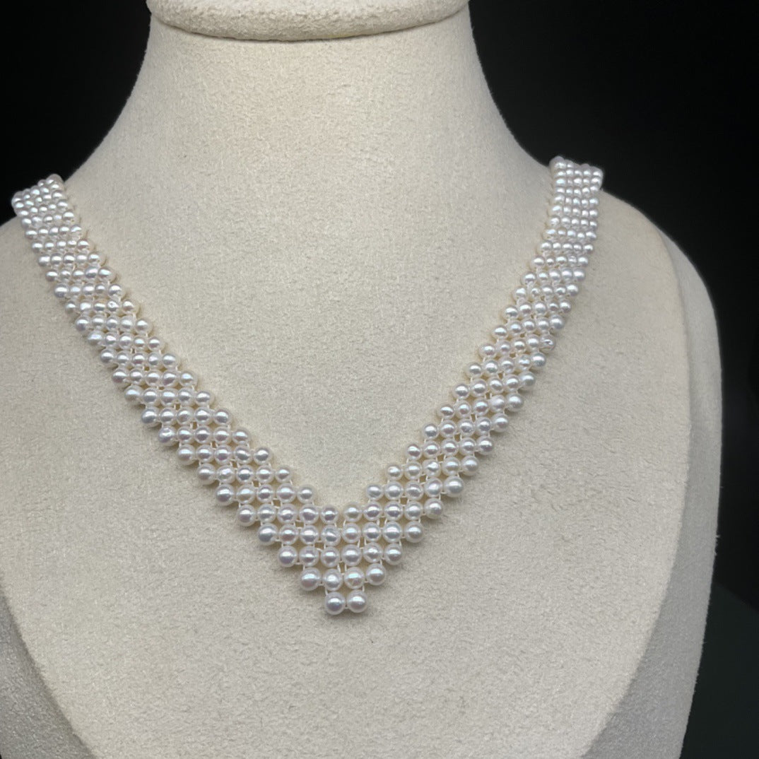 Freshwater pearl 3-4mm multi-layer collarbone pearl chain necklace handmade woven chain factory direct sales simple and advanced