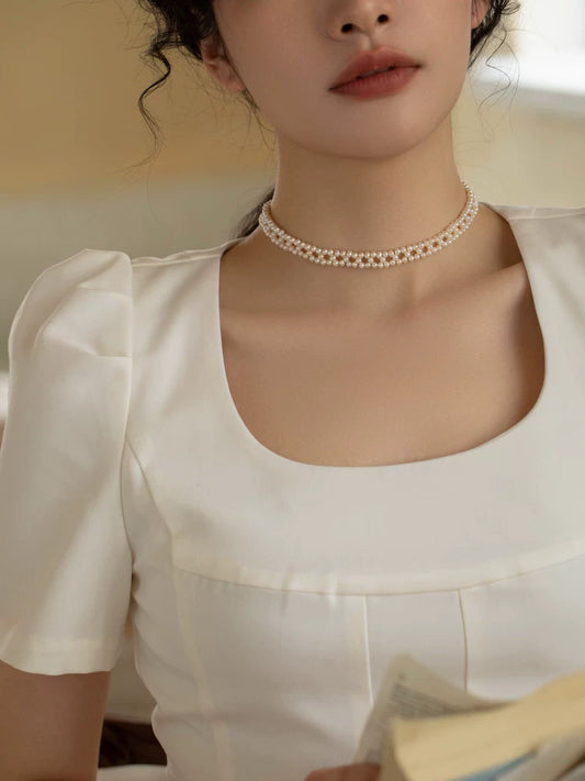 Natural Freshwater Pearl Necklace Handwoven Lace Small Pearl Choker Necklace
