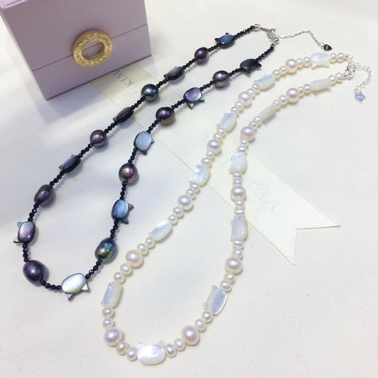 Idol Internet celebrity explosion tian ran freshwater real pearl shell black and white cat sweet cool wind necklace