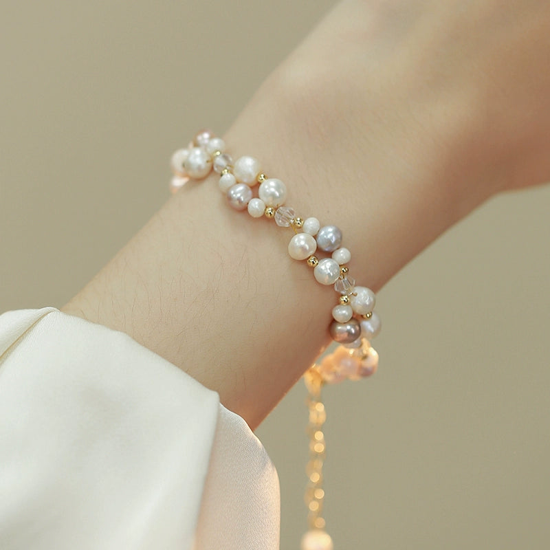 Double Layer Woven Natural Pearl Necklace Bracelet Set Ladies French Beaded Design Crystal Jewelry