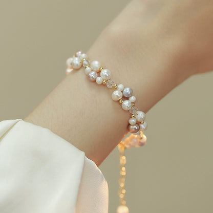 Double Layer Woven Natural Pearl Necklace Bracelet Set Ladies French Beaded Design Crystal Jewelry