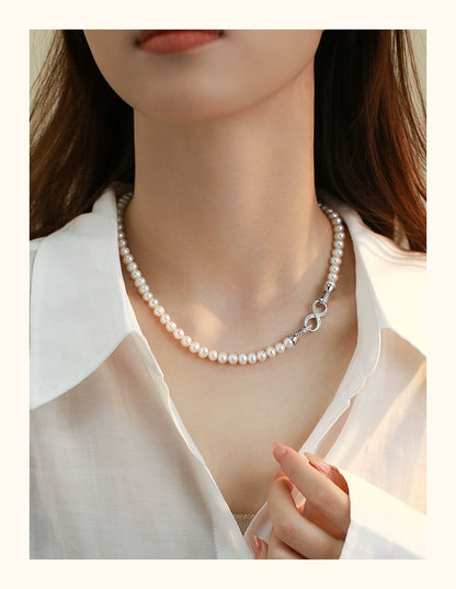 Natural freshwater pearl necklace women's 8-character buckle light luxury high-end sweater chain new popular temperament neck chain