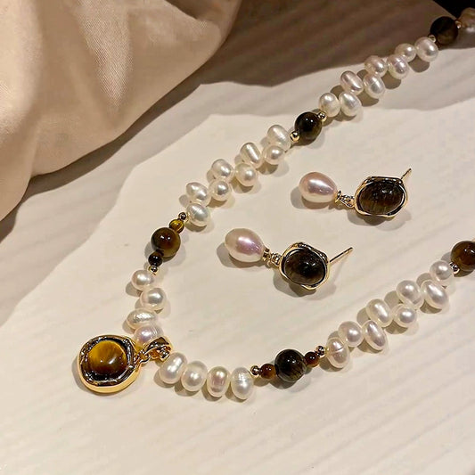 Mr. He Natural Pearl Necklace Earrings Set Ladies Design Tiger's Eye Premium