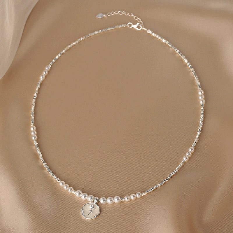 Natural Pearl Necklace Ladies S925 Silver Premium Drop Glaze Rose Flower Pendant