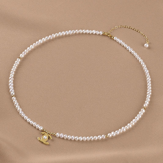 Natural freshwater pearl necklace strong light round bead collarbone chain women's small sachet gold beaded XL068