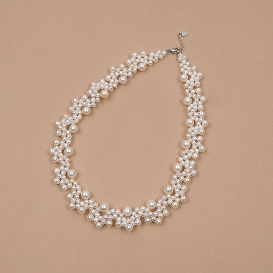 Natural pearl necklace handwoven round beads Internet celebrity lace style petal collarbone chain XL024