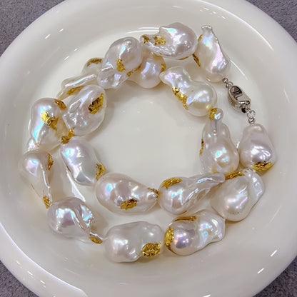 Natural special-shaped fishtail large baroque pearl necklace gold foil handicraft large pearl plain chain women