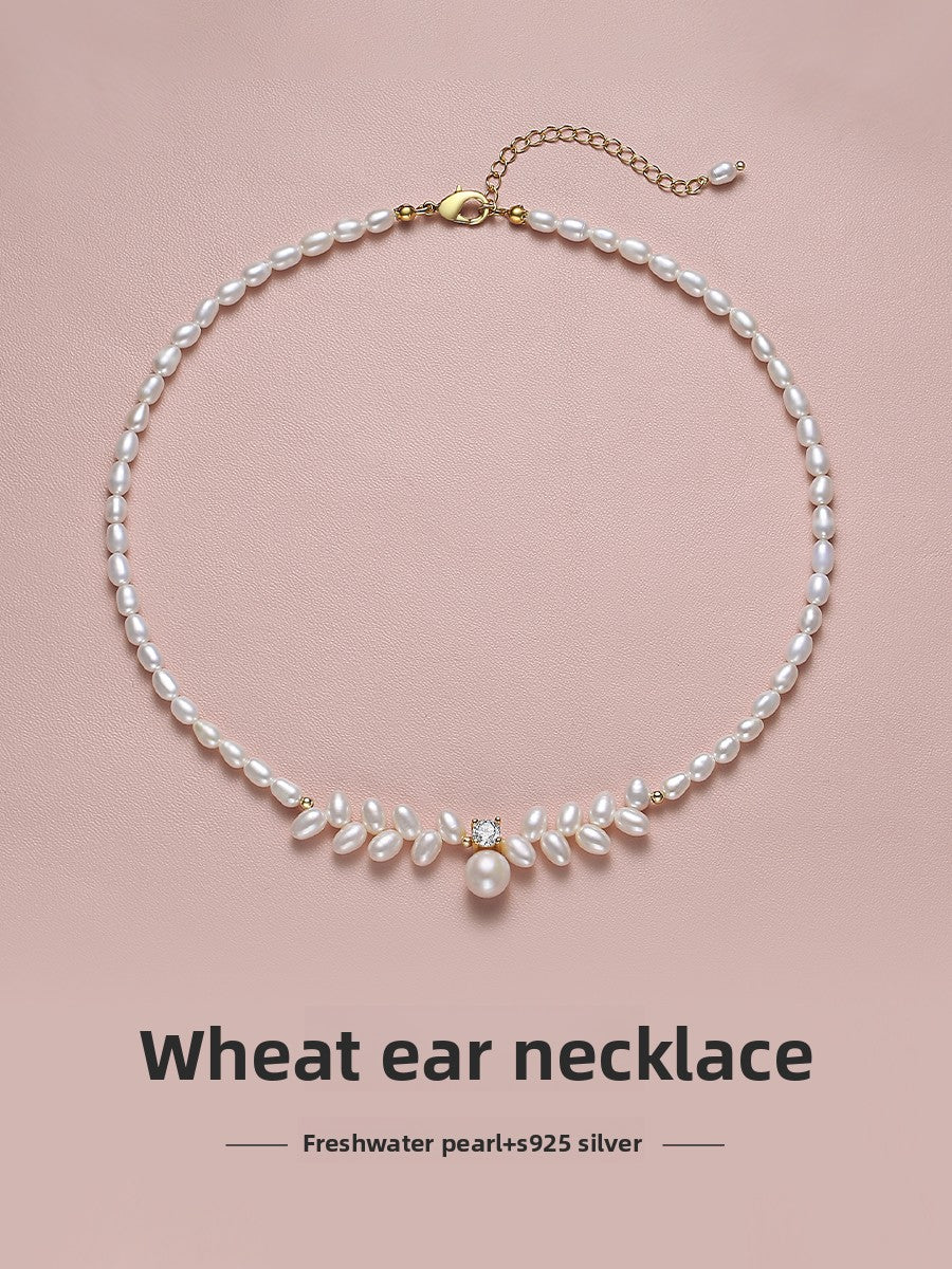 Pearl necklace 2025 new popular natural freshwater rice grain beads wheat ears Princess Diana beaded sweater chain chain chain