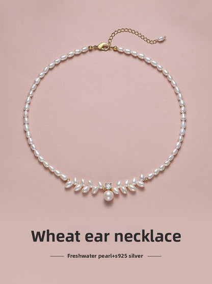 Pearl necklace 2025 new popular natural freshwater rice grain beads wheat ears Princess Diana beaded sweater chain chain chain