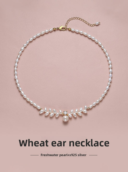 Pearl necklace 2025 new popular natural freshwater rice grain beads wheat ears Princess Diana beaded sweater chain chain chain
