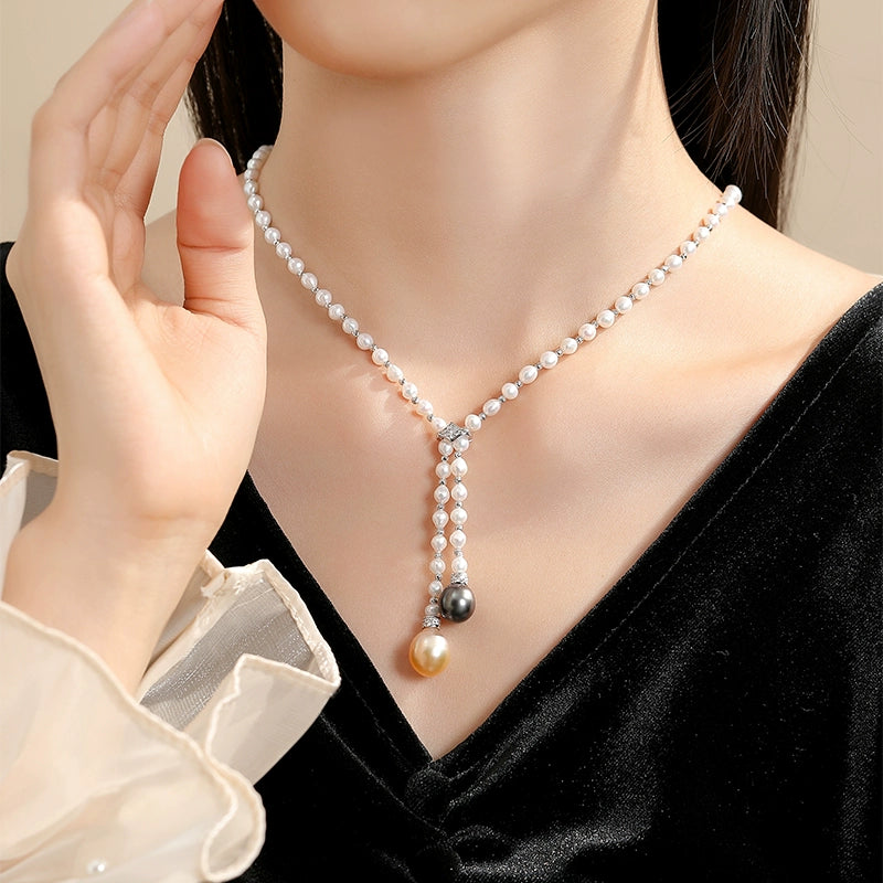 Natural Freshwater Pearl Freshwater Rice Grain Sweater Chain Ladies Strong Gold Tahitian Black Pearl Necklace