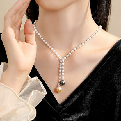 Natural Freshwater Pearl Freshwater Rice Grain Sweater Chain Ladies Strong Gold Tahitian Black Pearl Necklace